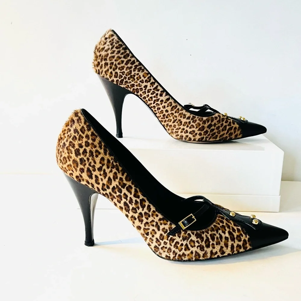 Fendi black tan calf hair animal print heels pumps 38